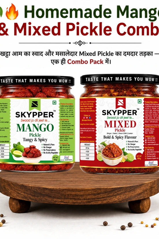 Two jars of Skypper Mango and Mixed Pickle on a wooden stand with text about the combo pack.
