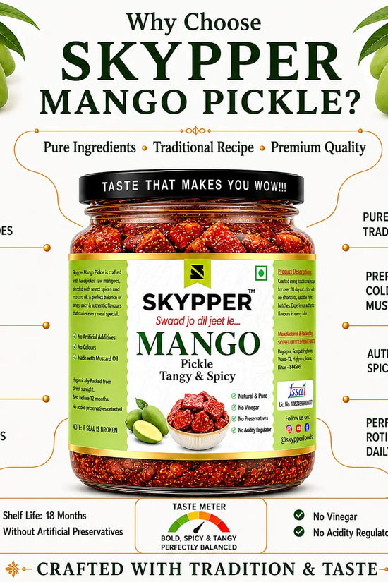 Promotional image of Skyper Mango Pickle with ingredients and benefits listed.