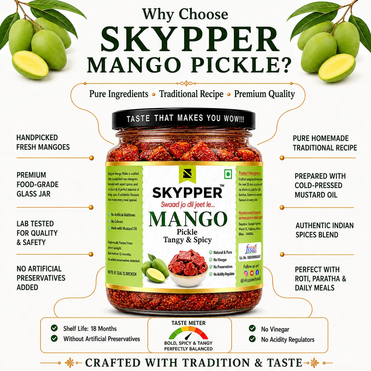 Promotional image of Skyper Mango Pickle with ingredients and benefits listed.
