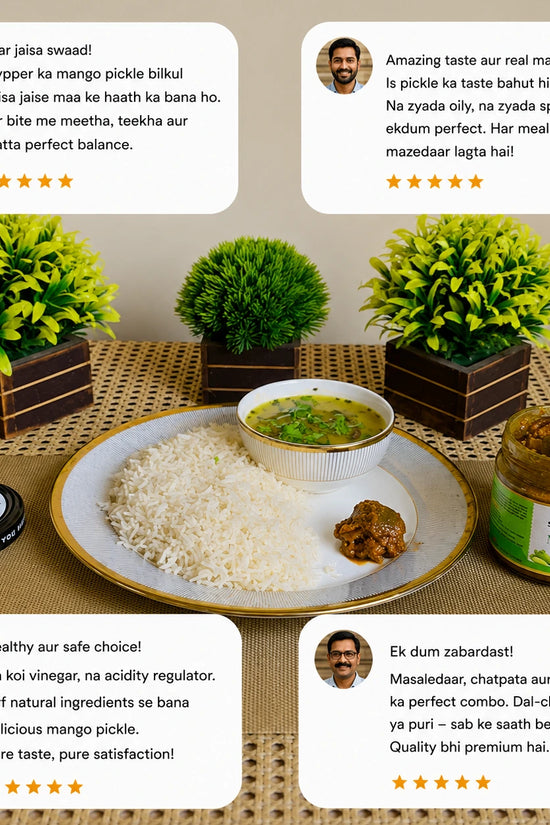 Mango pickle with a meal on a table, surrounded by potted plants and customer reviews.