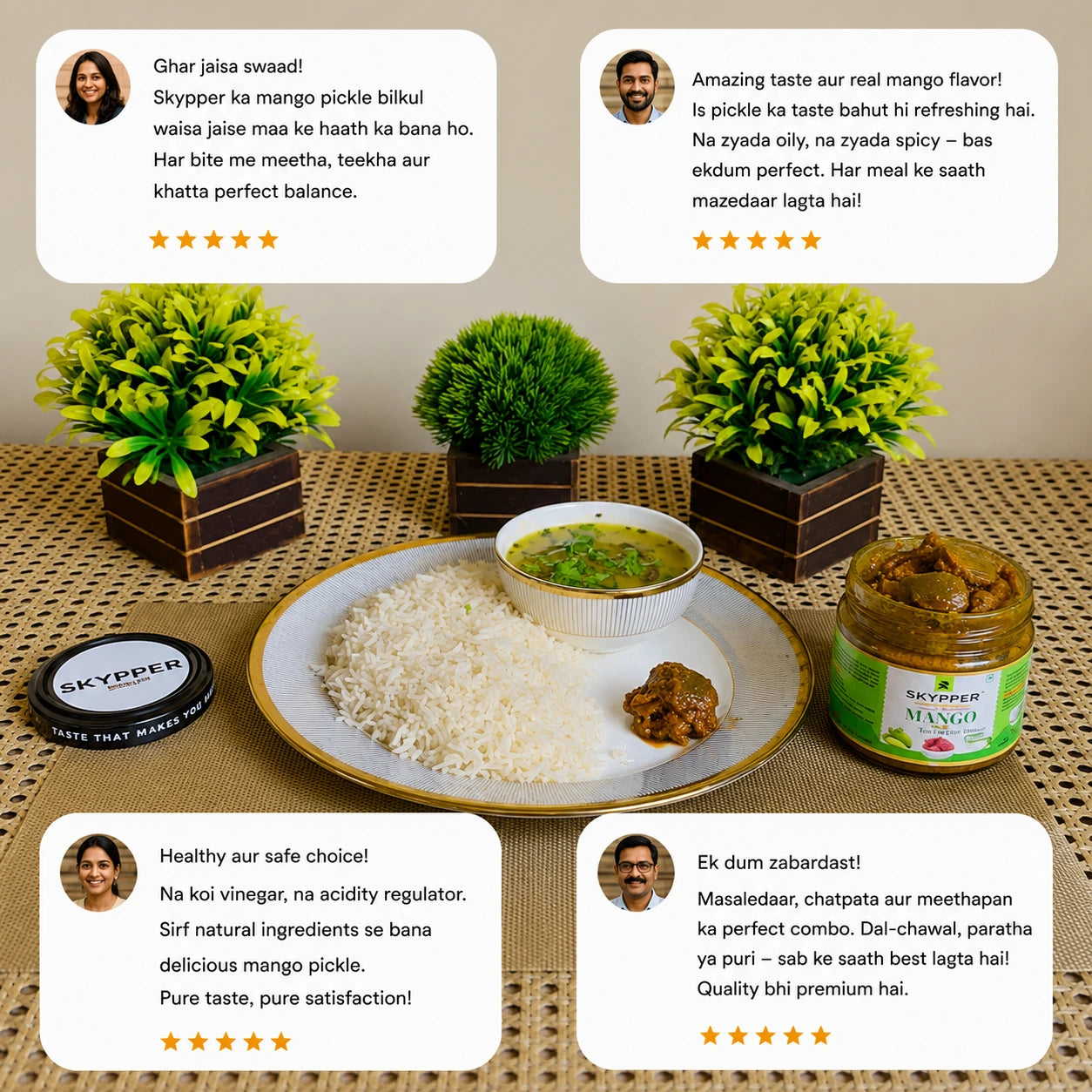 Mango pickle with a meal on a table, surrounded by potted plants and customer reviews.