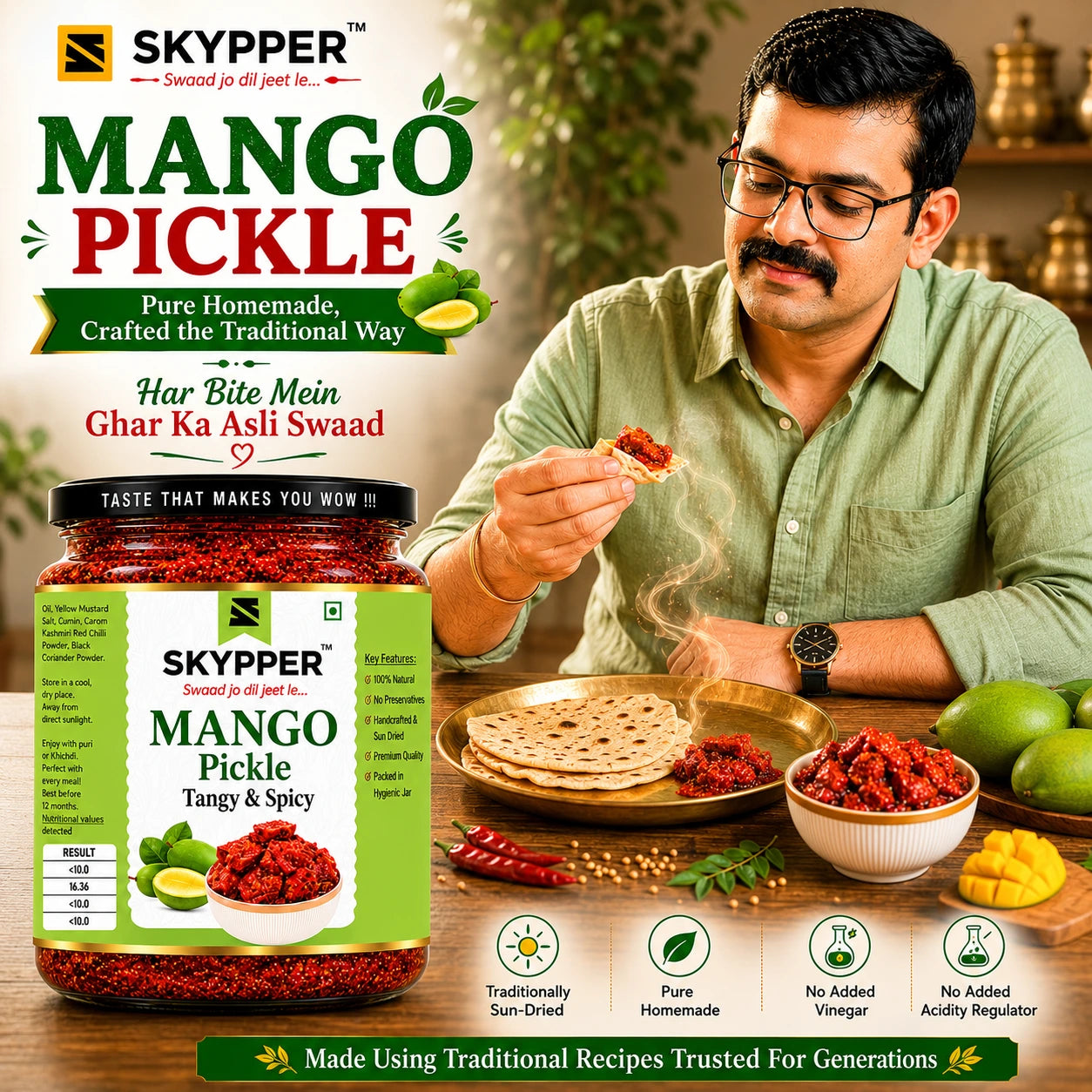 Man eating mango pickle with a jar of Skyppper Mango Pickle in the foreground.