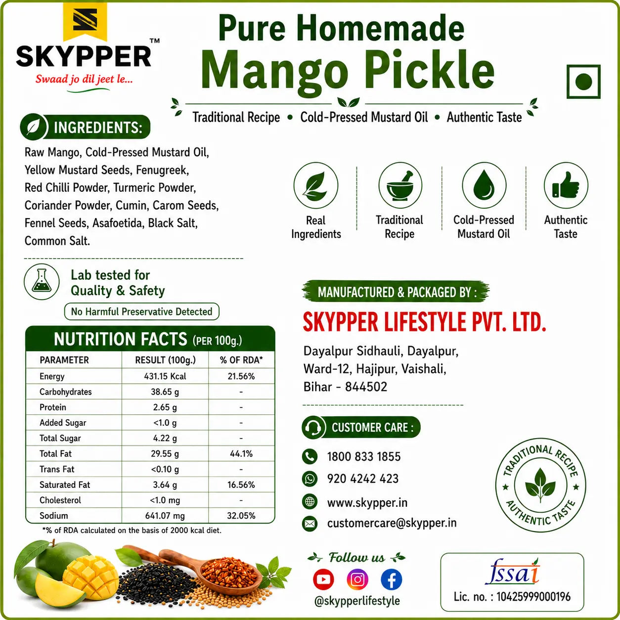 Skyper Pure Homemade Mango Pickle packaging with ingredients, nutrition facts, and branding details.