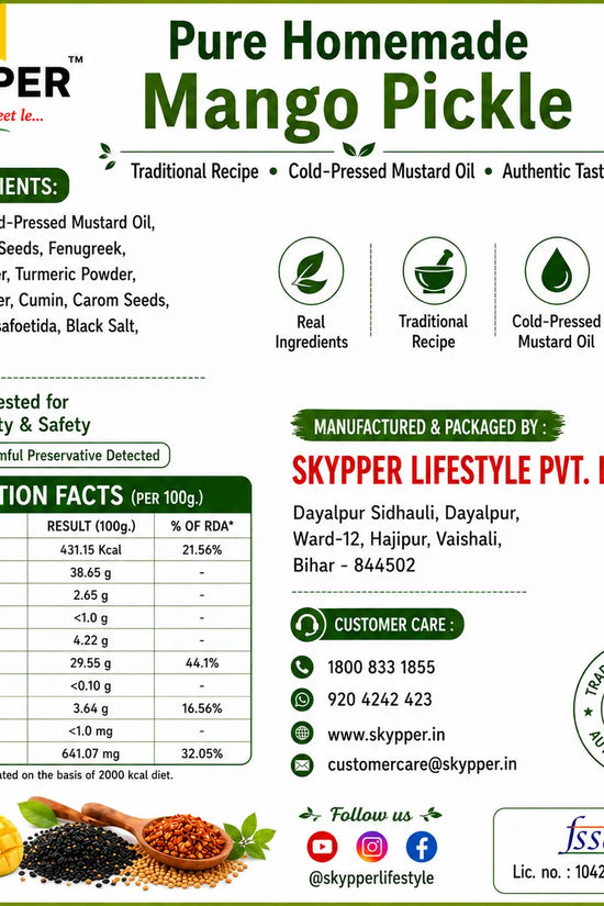 Skyper Pure Homemade Mango Pickle packaging with ingredients, nutrition facts, and branding details.
