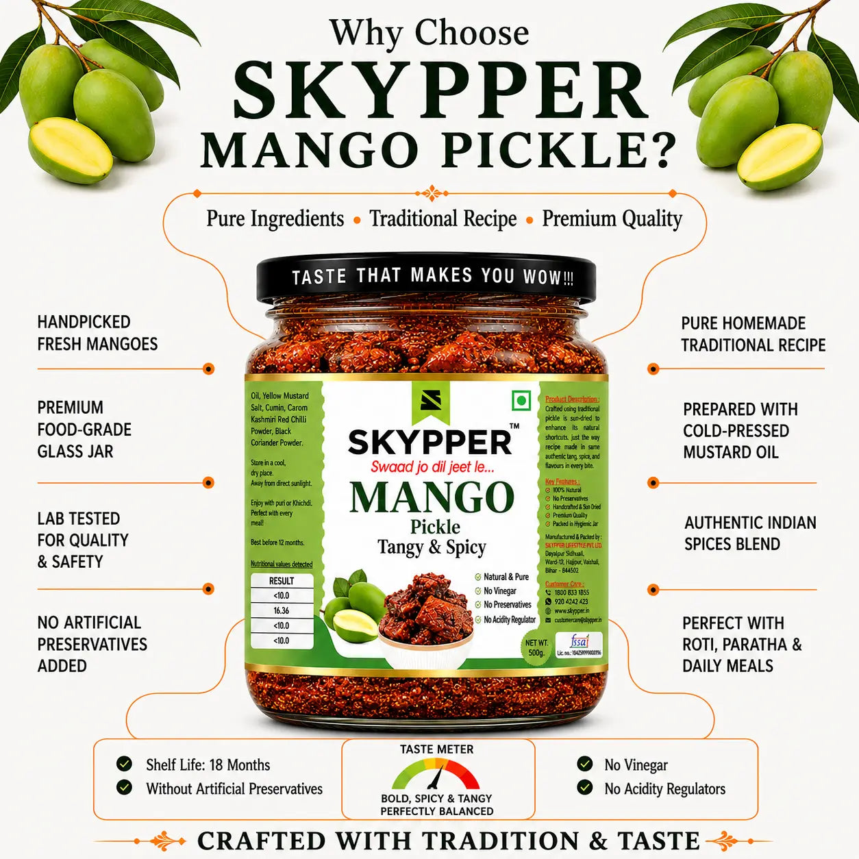 Promotional image of Skypper Mango Pickle with features and benefits listed.