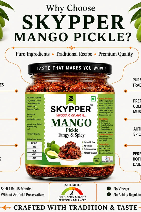 Promotional image of Skypper Mango Pickle with features and benefits listed.