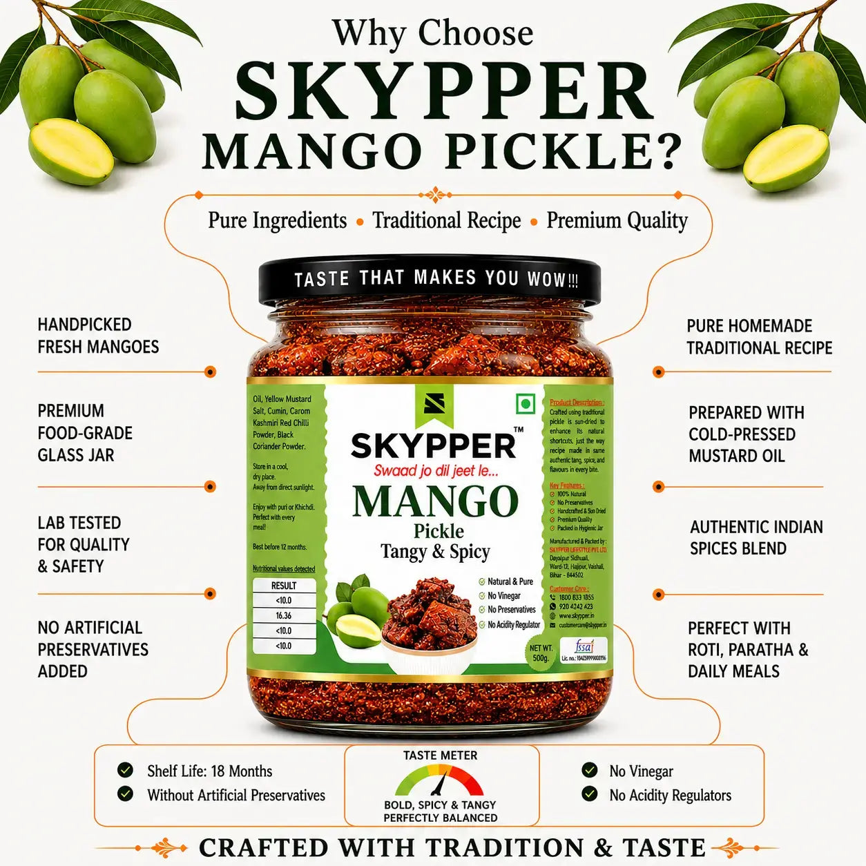 Promotional image of Skypper Mango Pickle with features and benefits listed.