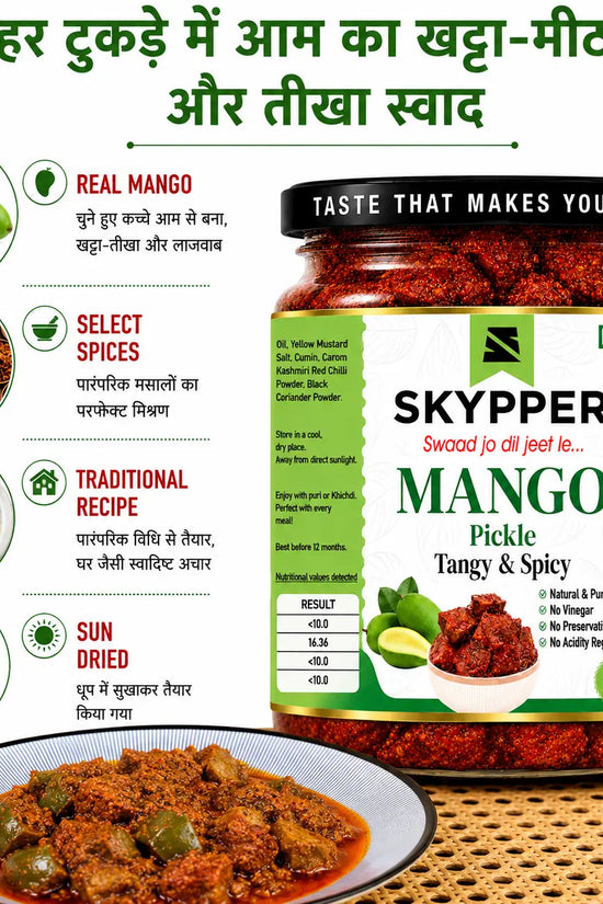 Skypper Mango Pickle with ingredients and preparation details on a white background