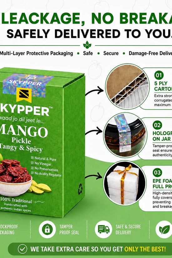 Green box of Skyppeer Mango Pickle with packaging features on a white background