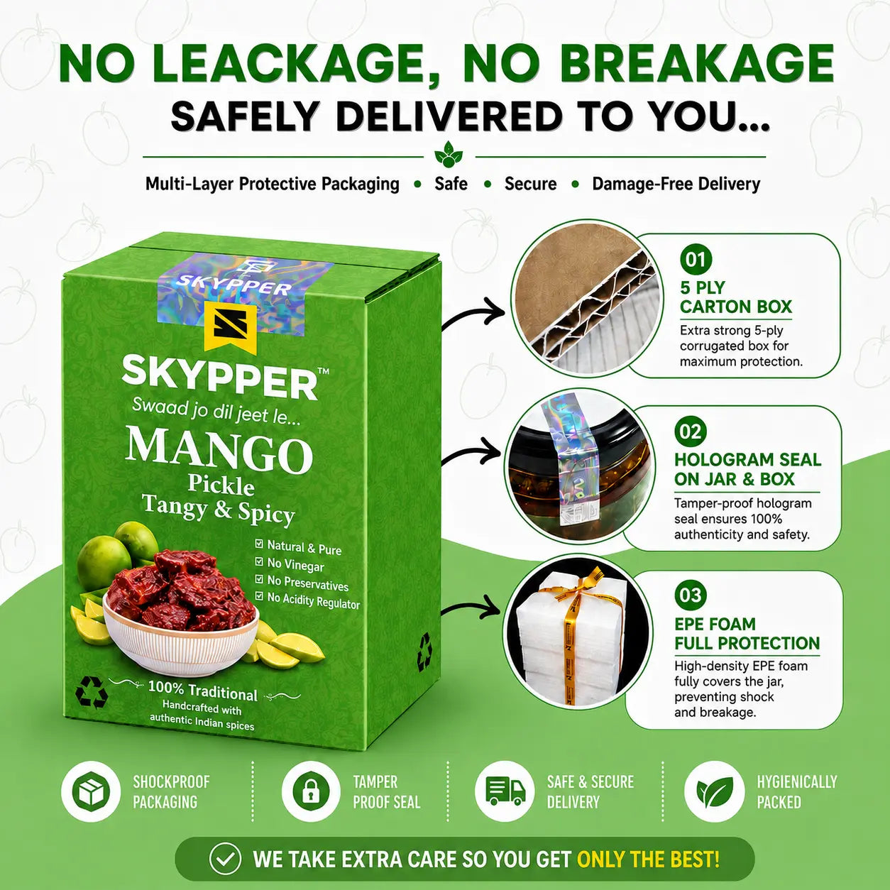 Green box of Skyppeer Mango Pickle with packaging features on a white background