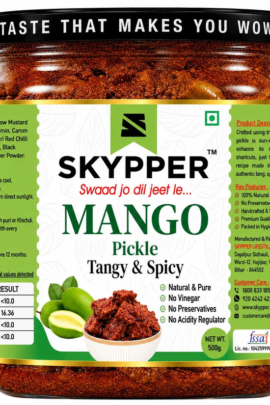 Jar of Skypper Mango Pickle with green label and text