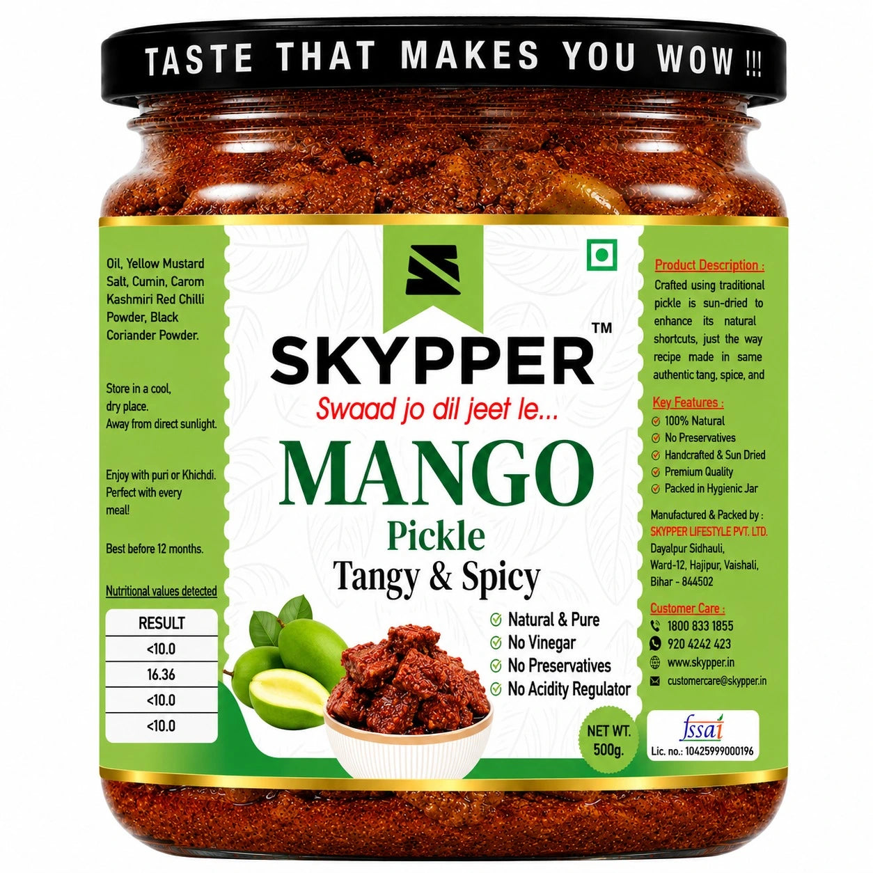 Jar of Skypper Mango Pickle with green label and text