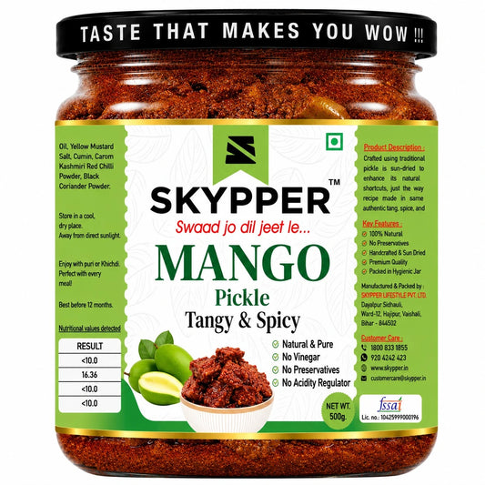 Jar of Skypper Mango Pickle with green label and text