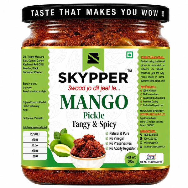 Jar of Skypper Mango Pickle with green label and text