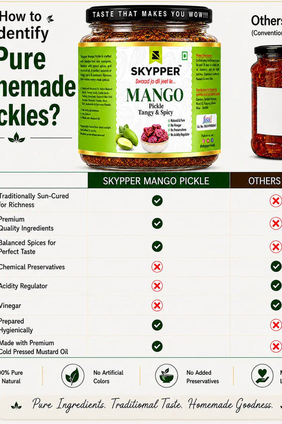 Comparison chart of Skypper Mango Pickle with conventional pickles on a light background.