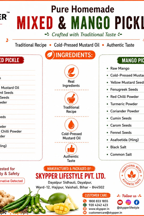 Product information card for Skypper Pure Homemade Mixed & Mango Pickle with ingredients and branding details.