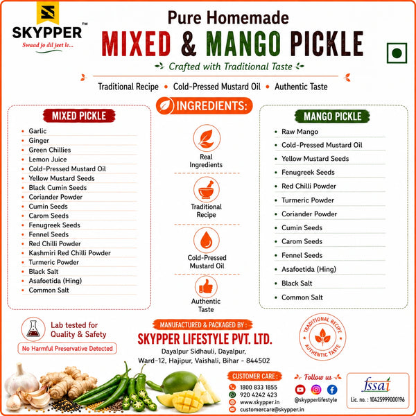 Product information card for Skypper Pure Homemade Mixed & Mango Pickle with ingredients and branding details.
