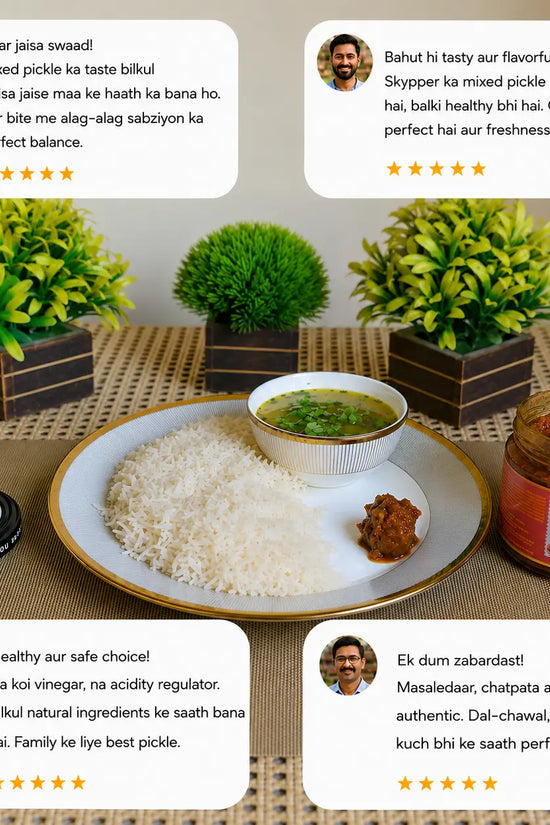 Table setting with a bowl of rice, pickle, and a jar of Skypper mixed pickle with user comments on a neutral background.