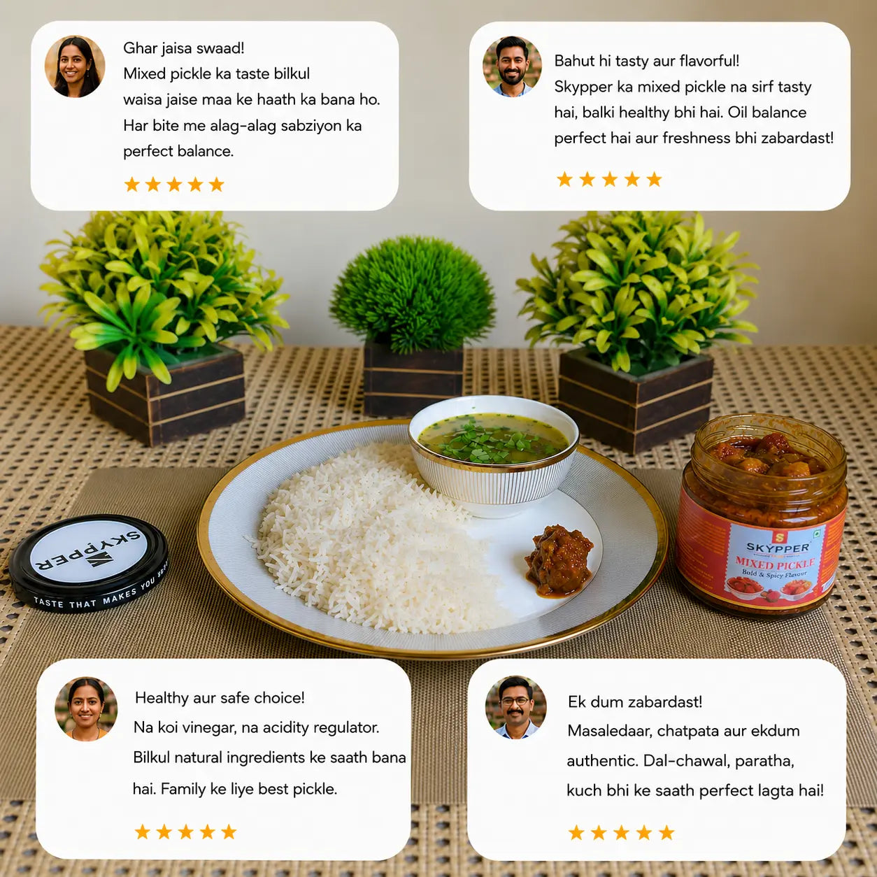 Table setting with a bowl of rice, pickle, and a jar of Skypper mixed pickle with user comments on a neutral background.