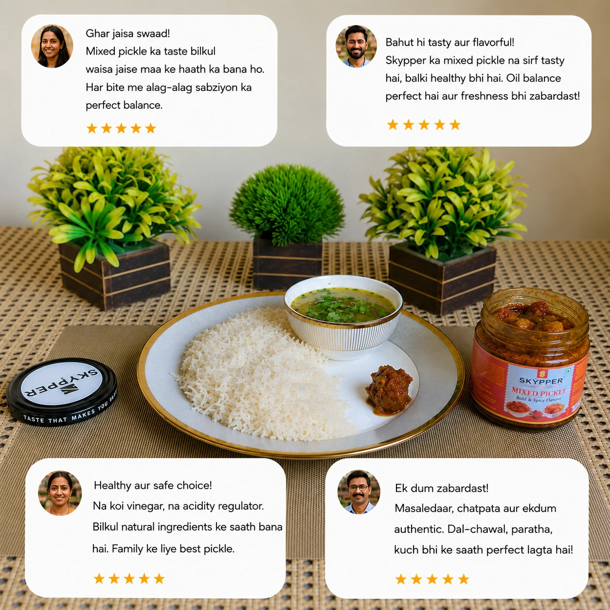 Table setting with a bowl of rice, pickle, and a jar of Skypper mixed pickle with user comments on a neutral background.