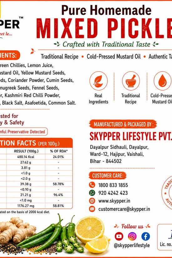 Skyper Pure Homemade Mixed Pickle packaging with ingredients, nutrition facts, and contact information.