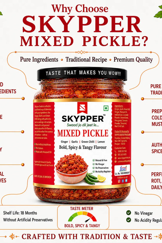 Skypper mixed pickle jar with promotional text on a white background
