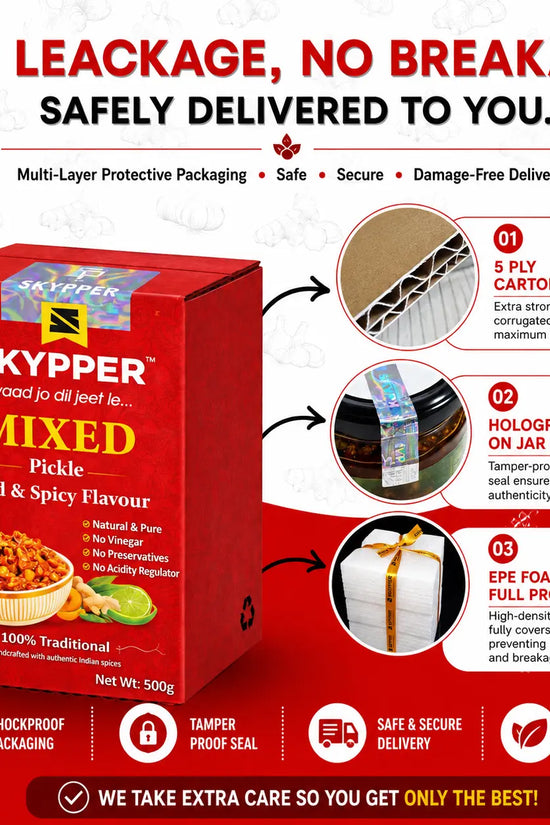 Red Skyyper mixed pickle box with packaging features on a white background