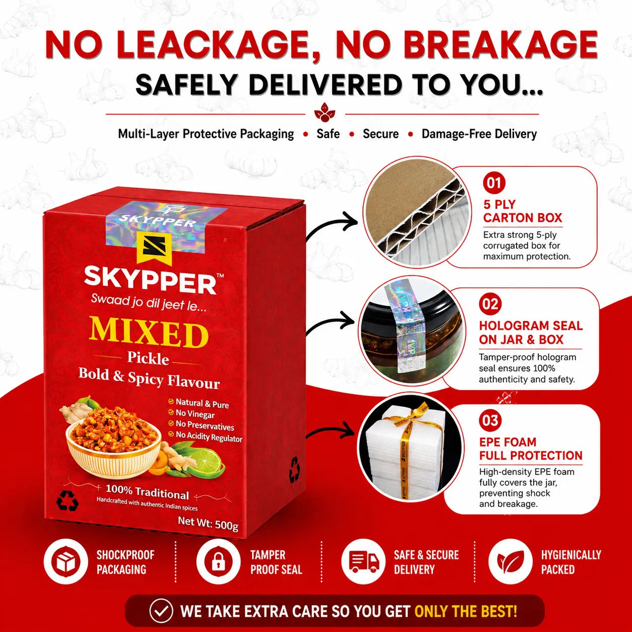 Red Skyyper mixed pickle box with packaging features on a white background