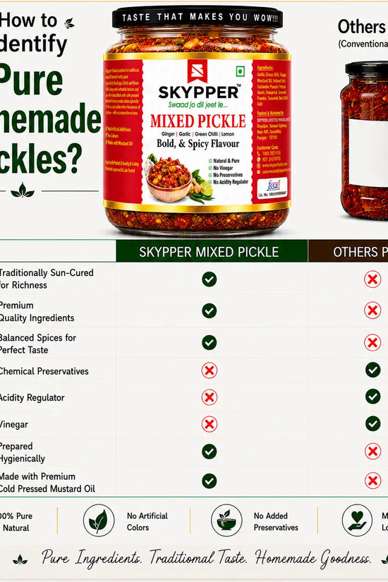 Comparison chart on how to identify pure homemade pickles, featuring Skyper mixed pickle and conventional pickle.