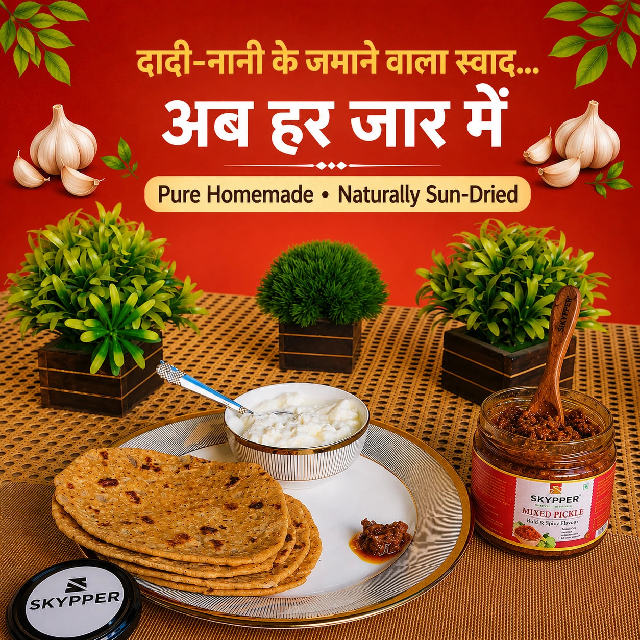 Promotional image of a plate with roti, yogurt, and pickle, with Skyyper branding, on a red background with text.