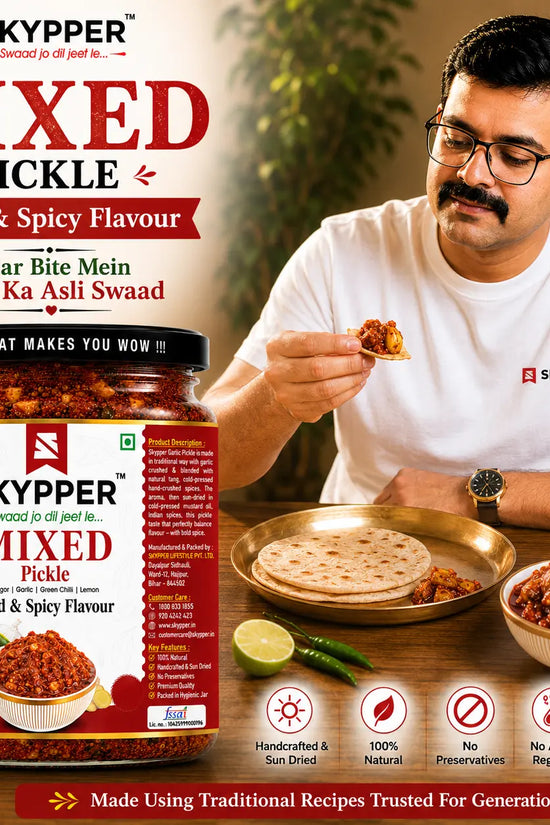 Man eating mixed pickle with Skypper branding, surrounded by food items on a wooden table.