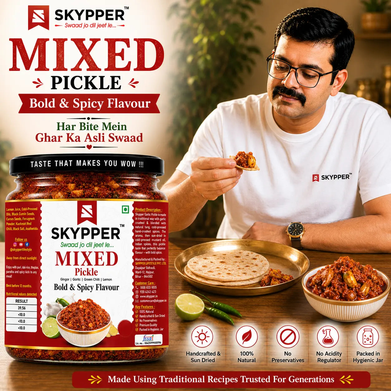 Man eating mixed pickle with Skypper branding, surrounded by food items on a wooden table.