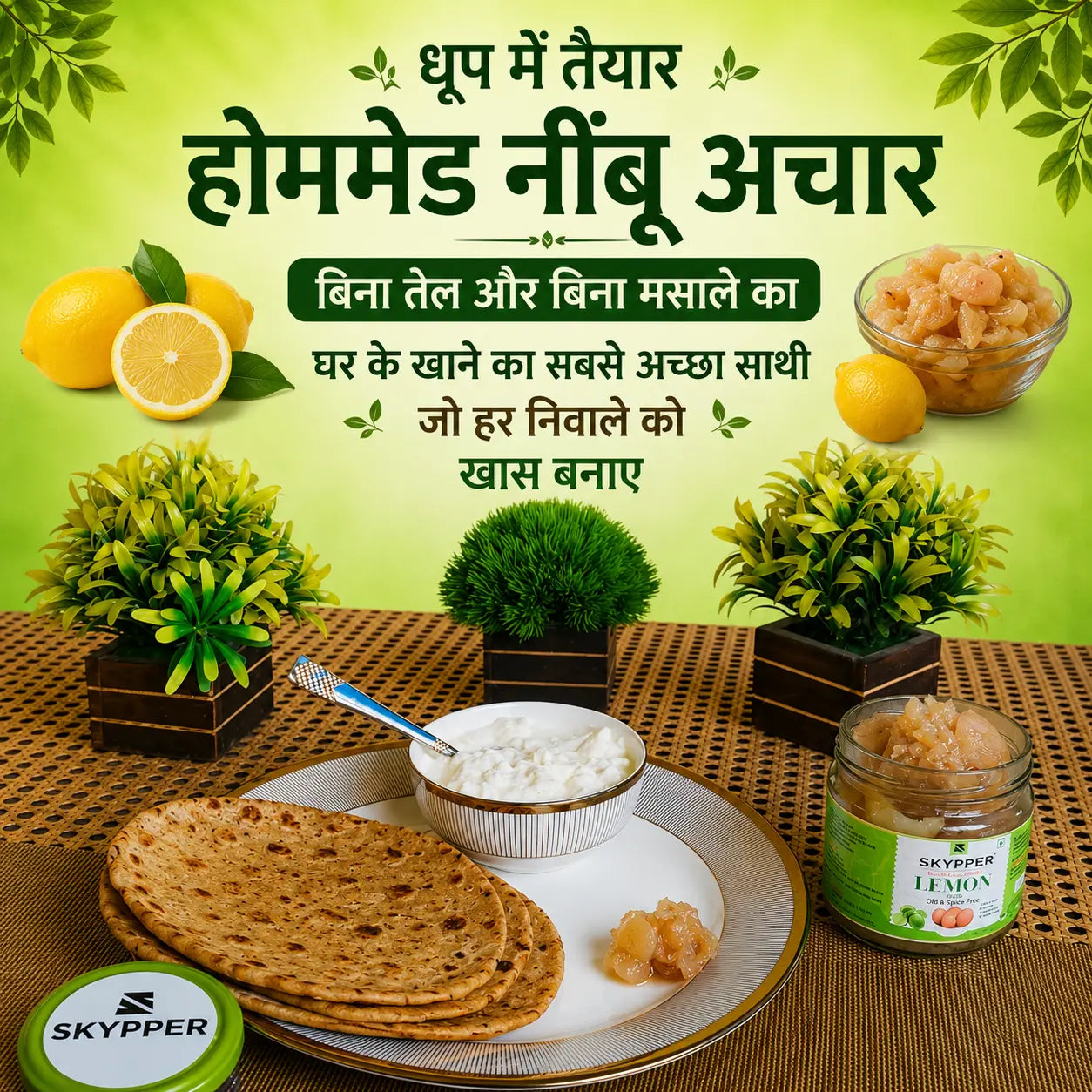 Promotional image of homemade pickles with lemons, bread, and a jar on a green background.