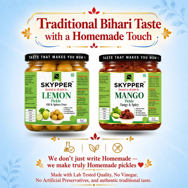 Skypper Home-Made Lemon & Mango Pickle Combo Pack | Traditional Bihari Achar | Food Grade Glass Jars |
