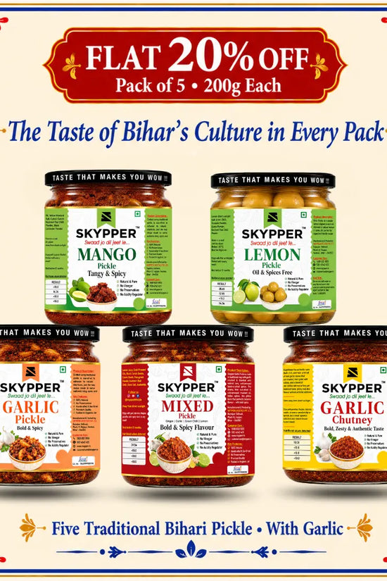 The Skypper Pack of 5: Lemon + Mango + Garlic Chutney + Garlic Pickle + Mixed Pickle — Bihar's Ultimate Pickle Collection