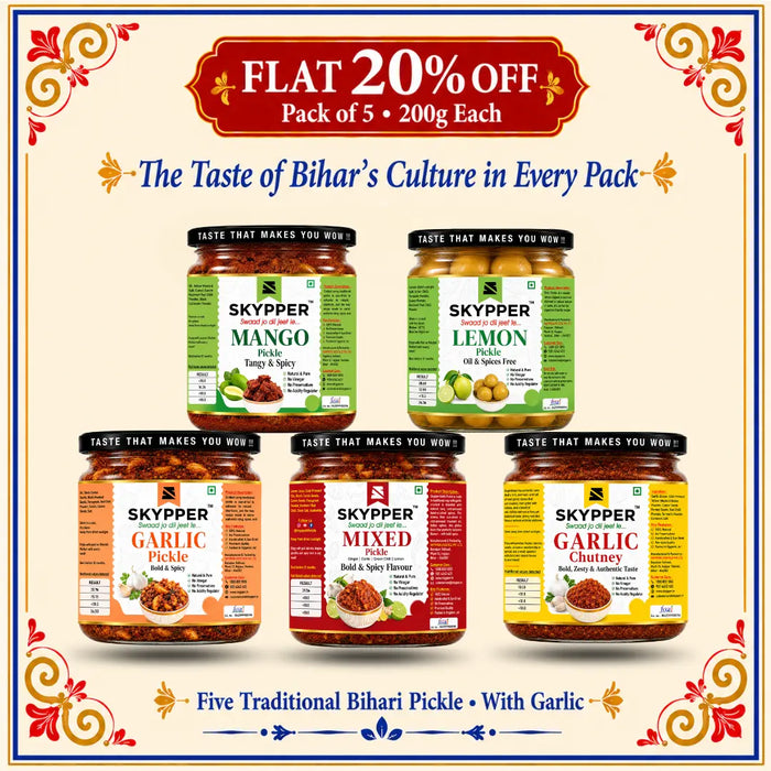Promotional image of Skypper pickles with a flat 20% off offer on a beige background.