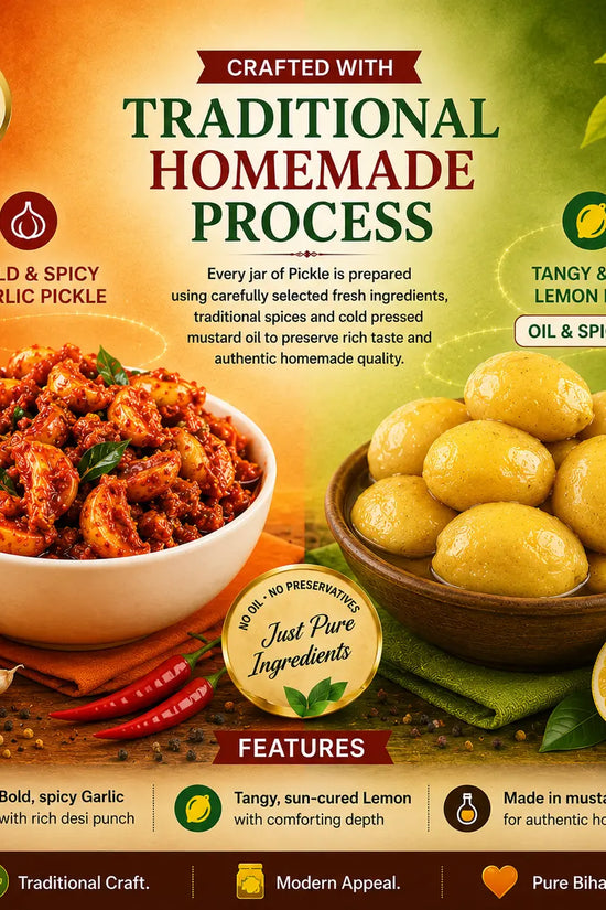 Promotional image of garlic pickle and lemon pickle with text about traditional homemade process.