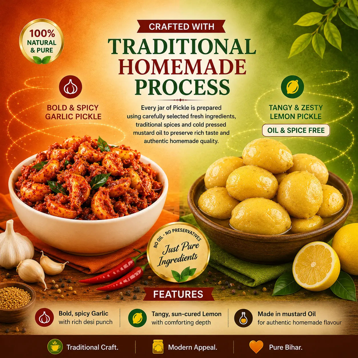 Promotional image of garlic pickle and lemon pickle with text about traditional homemade process.
