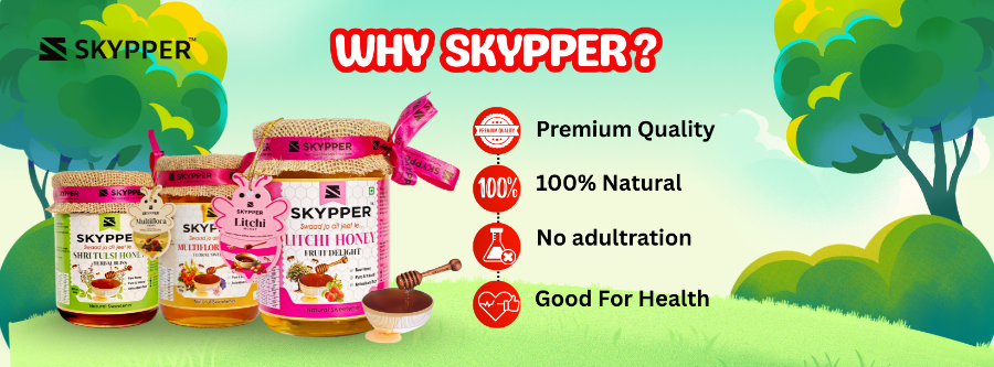 Promotional banner for Skypper honey with product display and benefits listed.